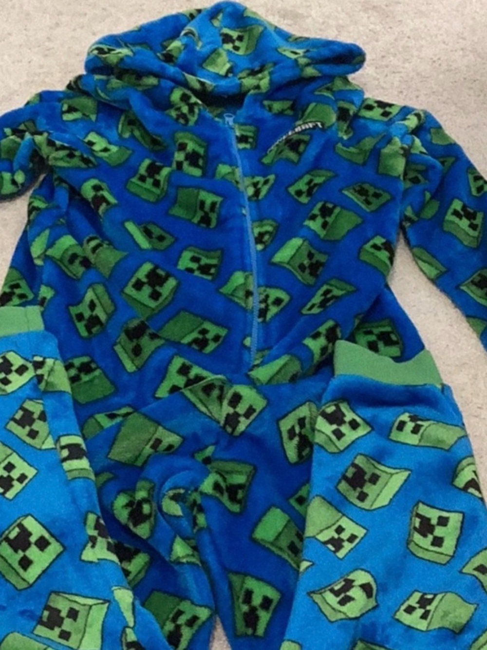 Minecraft Blue Fleece Onesie with Green Creeper Faces 11-12y